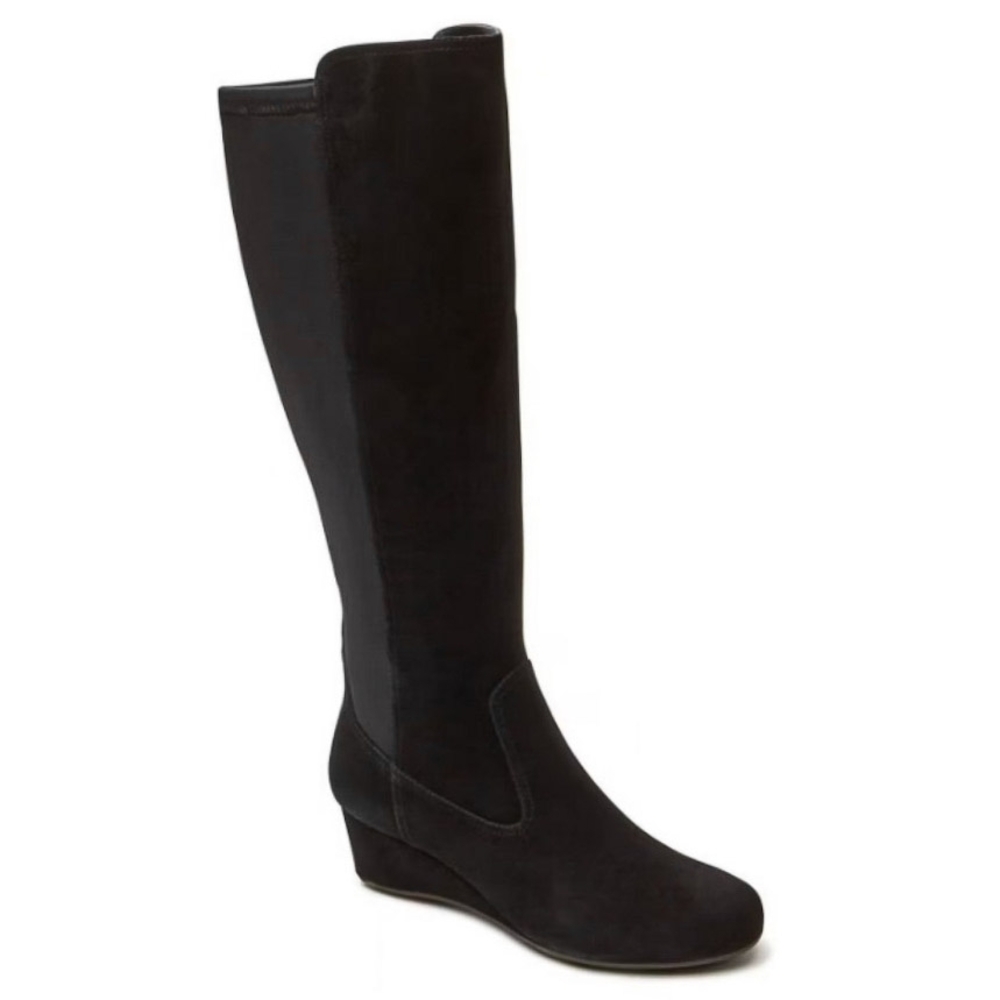 New Leather and Suede Women's Black Knee High Wedge Heeled Boot By Rockports - Picture 7 of 9